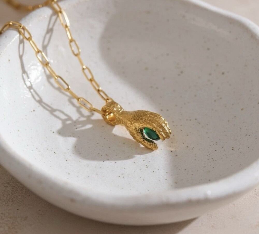 Anthropologie Molten Hand Necklace Surreal Gold Boho Retro Crystal CZ Chain VTG